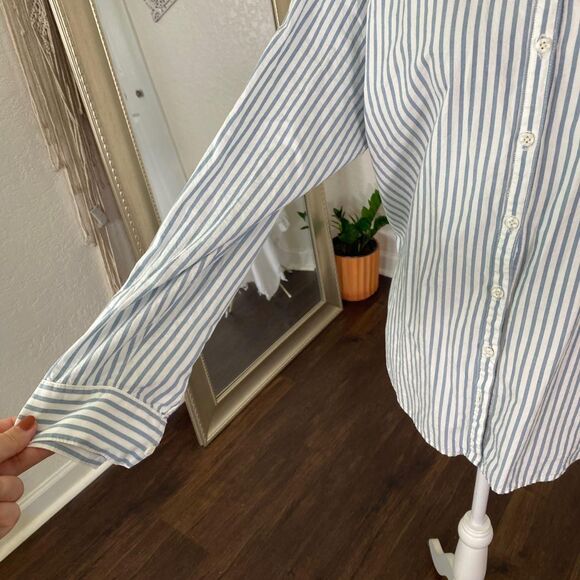 Ingrid Isabel Cotton Rayon Blend Blue White Preppy Striped Button Up Blouse  L - Picture 5 of 8